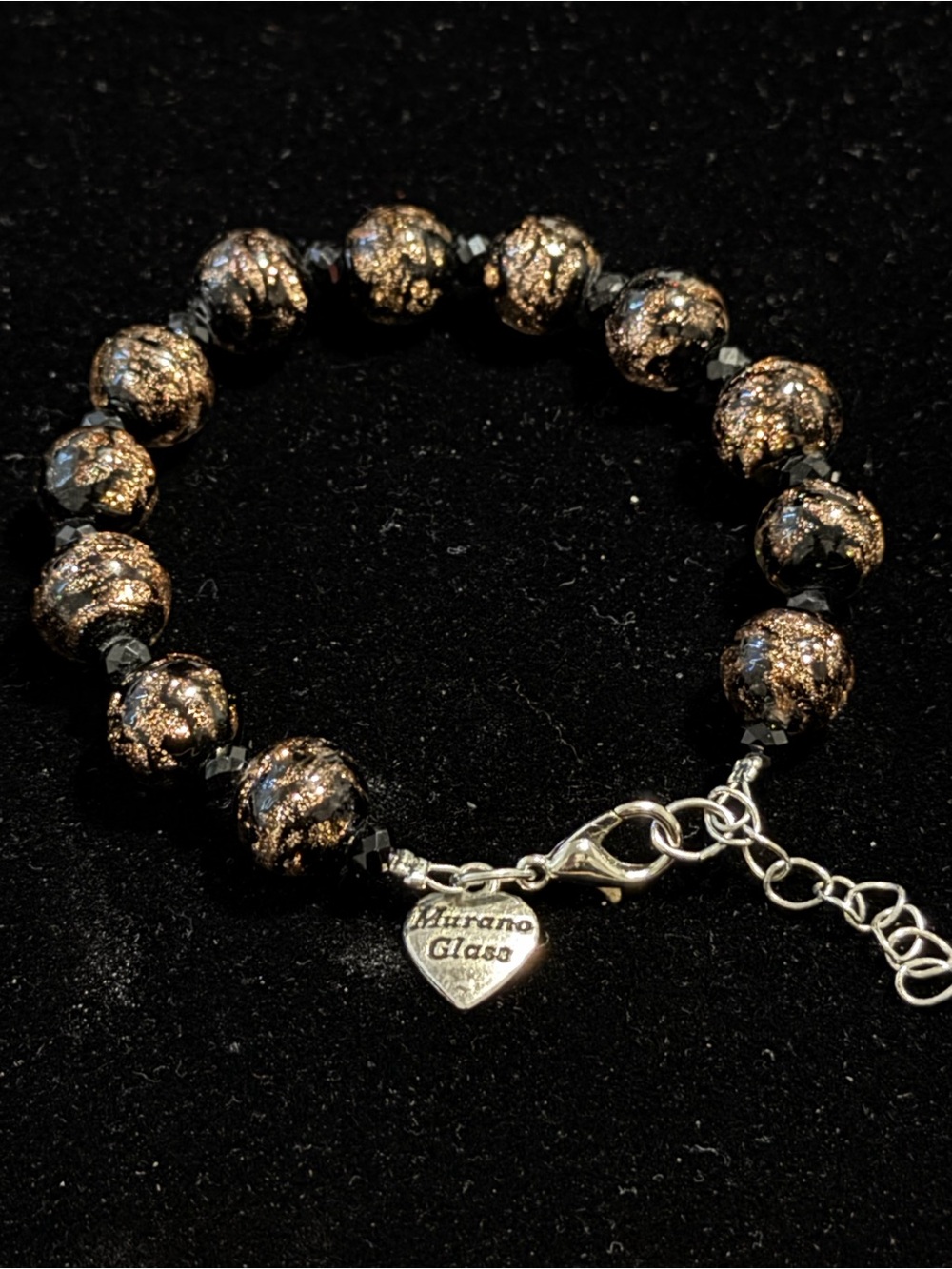 Italian Murano Glass Black and Rose Gold Foil Bead Bracelet
